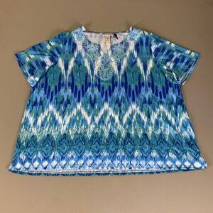 Catherines Embellished Tunic Top Plus Size 3X Petite Blue‎ Green Ikat Print